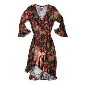 VTG Floral ruffle asymmetrical v neck bell sleeve midi maxi dress fairy‎ boho M